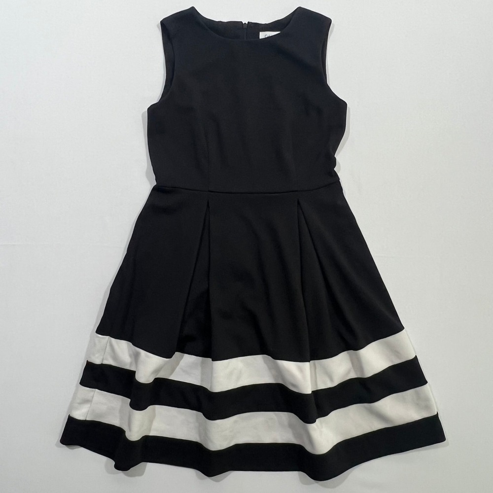 Calvin Klein Womens Dress Size 4P 4 Petite Black White Striped Fit Flare Pleated